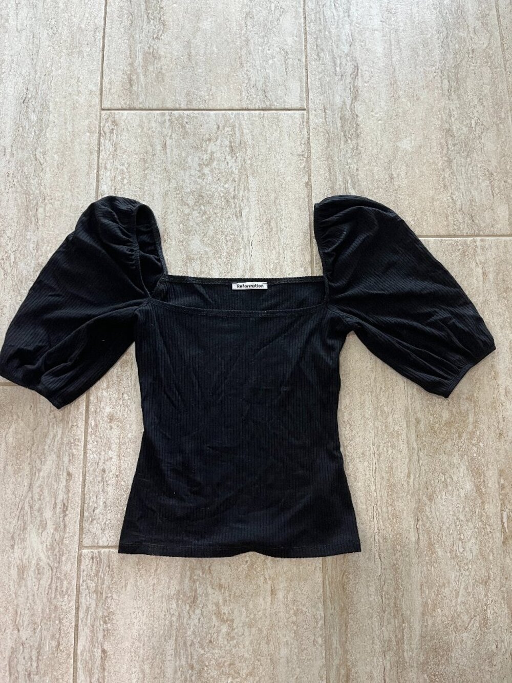 Reformation Puff Sleeve Top Black Square Neck Ribbed Size XS Excellent Condition